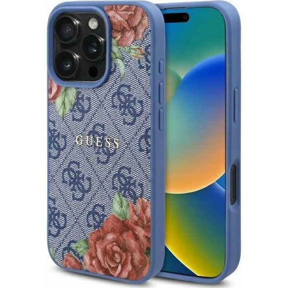 Guess GUHMP16SP4ROPEMCB 4G Flowers Print Magsafe-Kompatibilis Tok iPhone 16 - Kék