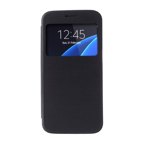 Tok álló, bőr hatású (FLIP, oldalra nyíló, View Window, szálcsiszolt mintázat) FEKETE [Samsung Galaxy S7 (SM-G930)] (5996457625567)