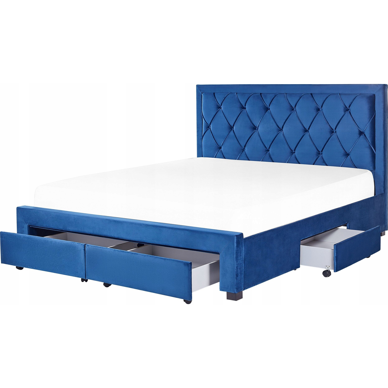 Cama Con Almacenaje De Terciopelo Azul Marino 180 X 200 Cm Cajones Cabecero Alto Capitoné Glamuroso Lievin - Azul