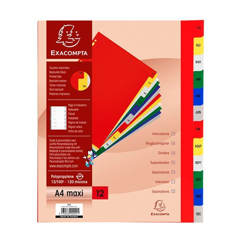 Exacompta Regiszter PP  A/4 Maxi Jan-Dec 12 részes színes (92E)
