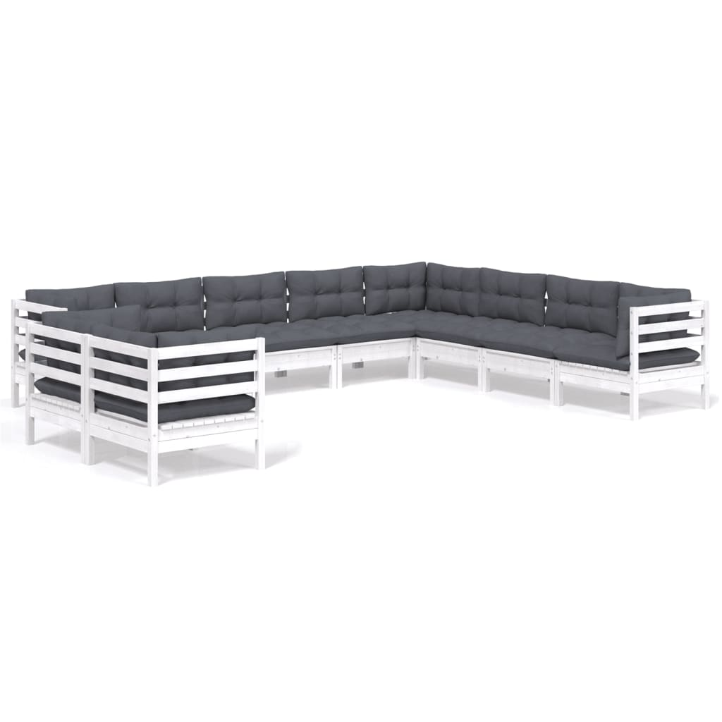 10 részes fehér tömör fenyőfa kerti ülőgarnitúra párnákkal (3096912)