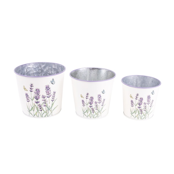 IRIS bádog kaspó, 3 darabos szett, levendula mintás, fehér 15-11,5 cm