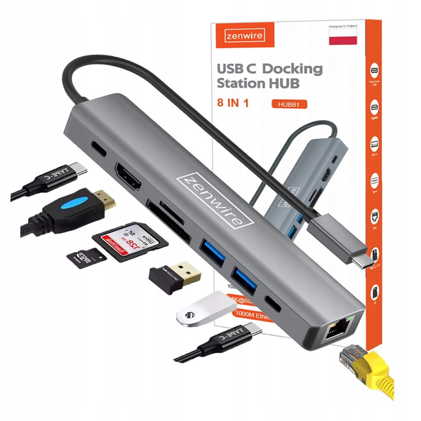 Zenwire HUB81 USB‑C večportni adapter 8v1 HDMI 2.0 4K@60Hz, LAN 1Gb/s, PD 100W, 2x USB 3.0, SD/microSD
