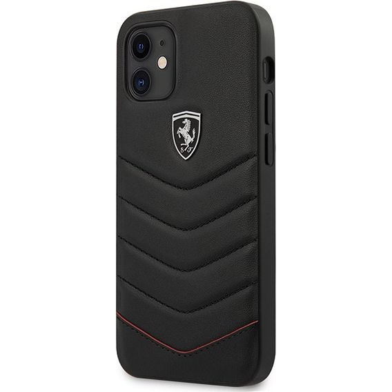 CG MOBILE FERRARI OFF TRACK QUILTED szilikon telefonvédő (valódi bőr bevonat, műanyag hátlap, csíkos) FEKETE Apple iPhone 12 mini (FEHQUHCP12SBK)