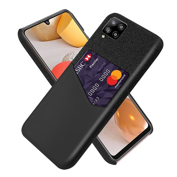 Műanyag telefonvédő (közepesen ütésálló, bankkártya tartó, textil bevonat, bőr hatású hátlap) FEKETE [Samsung Galaxy A42 5G (SM-A425F)] (5996591014708)