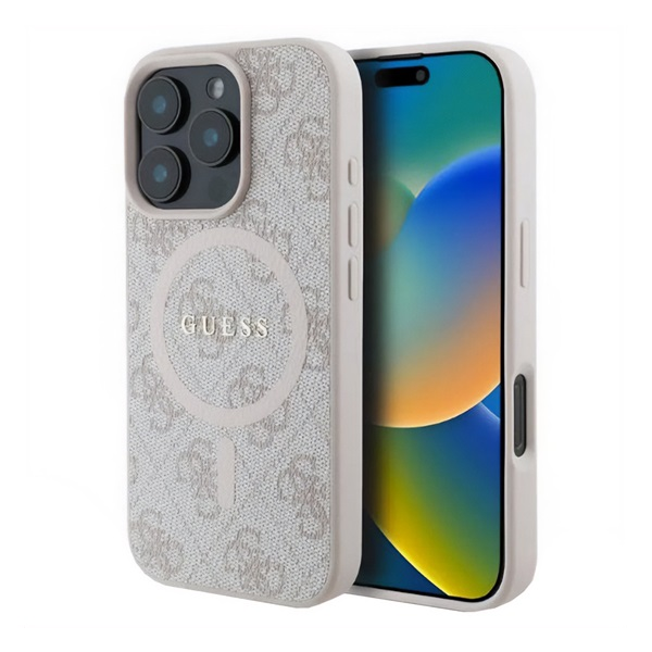 CG MOBILE GUESS 4G RING CLASSIC LOGO szilikon telefonvédő (ütésállóság, textil hátlap, MagSafe) RÓZSASZÍN Apple iPhone 16 Pro (GUHMP16LG4GFRP)
