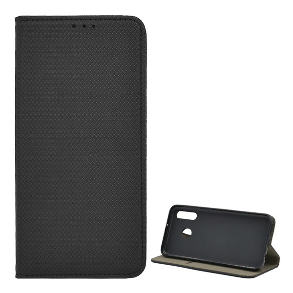 Tok álló, bőr hatású (FLIP, oldalra nyíló, asztali tartó funkció, rombusz minta) FEKETE [Samsung Galaxy M30 (SM-M305F)] (5996457871117)