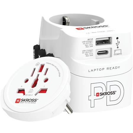 SKROSS Adapter, világutazóknak, 1xUSB-A, 1xUSB-C PD, 45W, USB-C kábel,  (SKADPD45W)