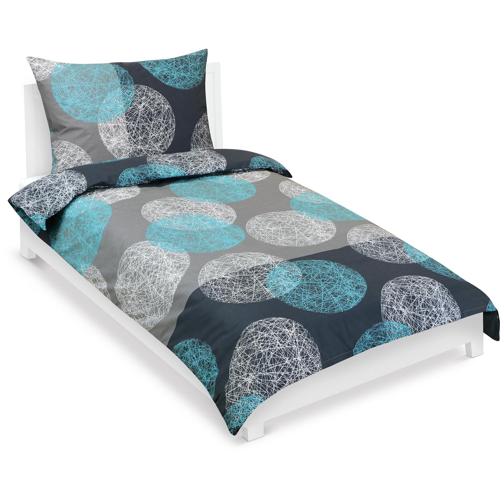 BELLATEX Linen cotton 90/564 turquoise grey balls, 140 × 200 cm, 70 × 90 cm (11797)