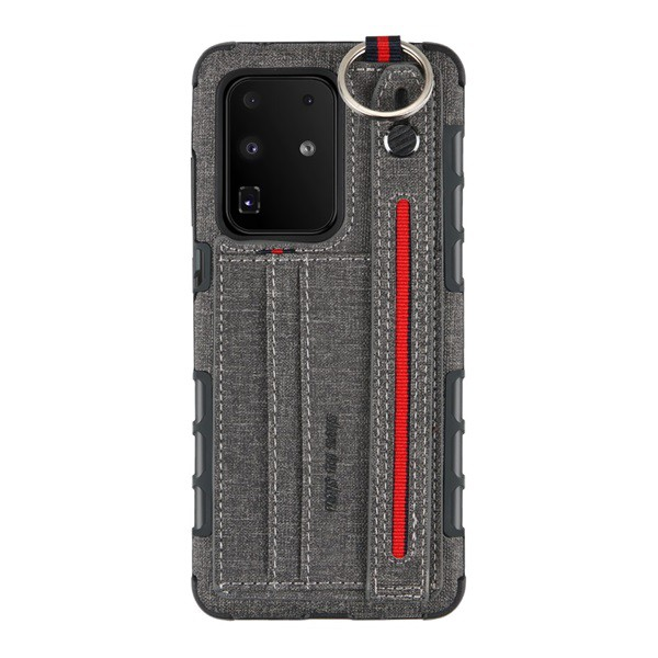 Szilikon telefonvédő (közepesen ütésálló, asztali tartó funkció, bankkártya tartó, textil hátlap + kézpánt) SZÜRKE [Samsung Galaxy S20 Ultra (SM-G988F)] (5996457958207)