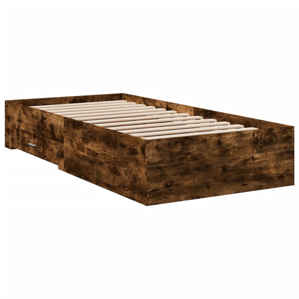 füstös tölgyszínű szerelt fa ágykeret fiókokkal 90 x 200 cm (3280430)