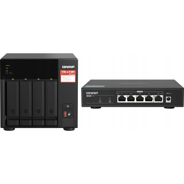 QNAP TS-473A + QSW-1105-5T Bundle Pack NAS Tower Ethernet LAN Черен V1500B