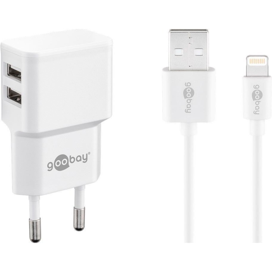 Goobay Hálózati töltő 2xUSB töltő (5V / 2,4A) + Lightning kábel (1 méter) - Fehér (44979)