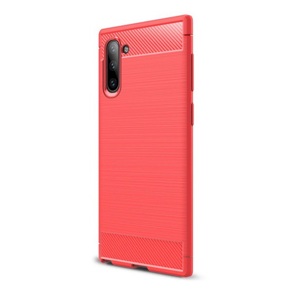 Szilikon telefonvédő (közepesen ütésálló, légpárnás sarok, szálcsiszolt, karbon minta) PIROS [Samsung Galaxy Note 10 (SM-N970F)] (5996457901807)