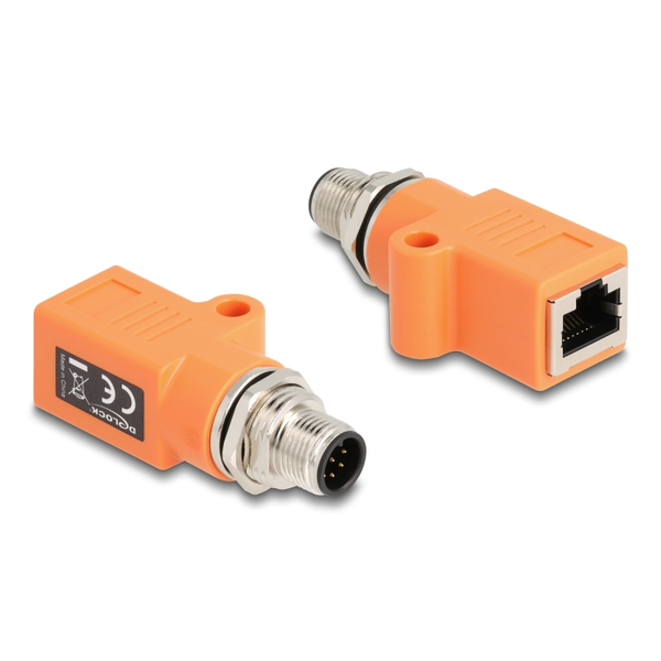 Delock M12 Adapter A-kodiert 8 Pin Stecker zu RJ45 Buchse Cat.5e mit Befestigungsloch gerade orange
