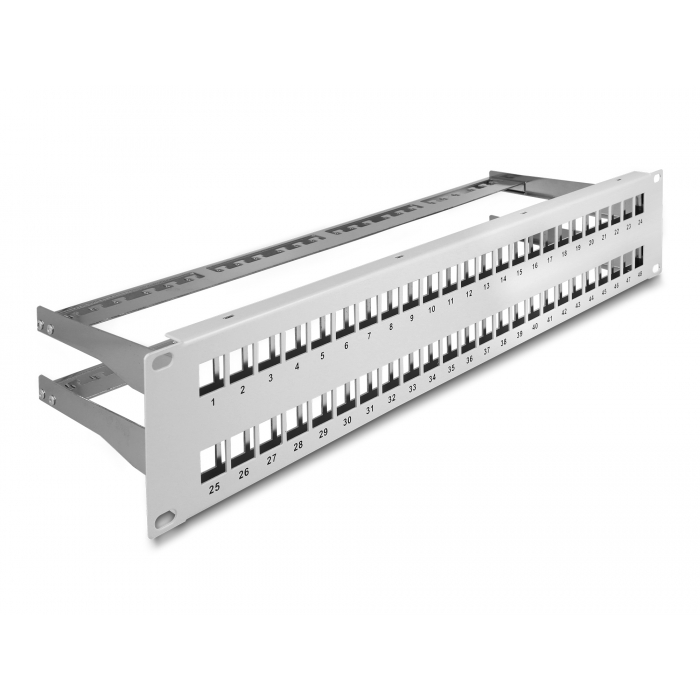 Delock 19 Keystone patch panel 48 porttal és tehermentesítőkkel 2U szürke (66879) (66879)