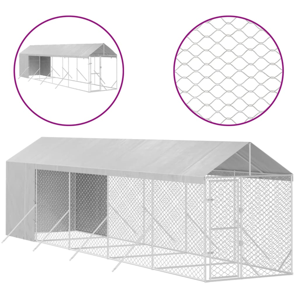ezüstszínű horganyzott acél kutyakennel tetővel 2x10x2,5 m