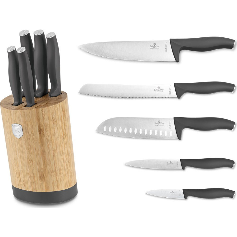 BerlingerHaus BH/2672 Antracit Collection 6 Részes Késkészlet - Bambusz Állvánnyal, Rozsdamentes Acél, Matt Antracit (BH-2672)