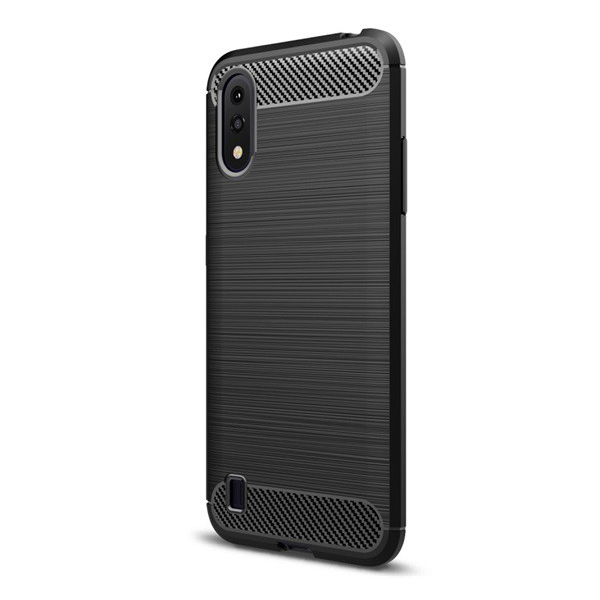 Szilikon telefonvédő (közepesen ütésálló, légpárnás sarok, szálcsiszolt, karbon minta) FEKETE [Samsung Galaxy A01 (SM-A015F)] (5996457935130)