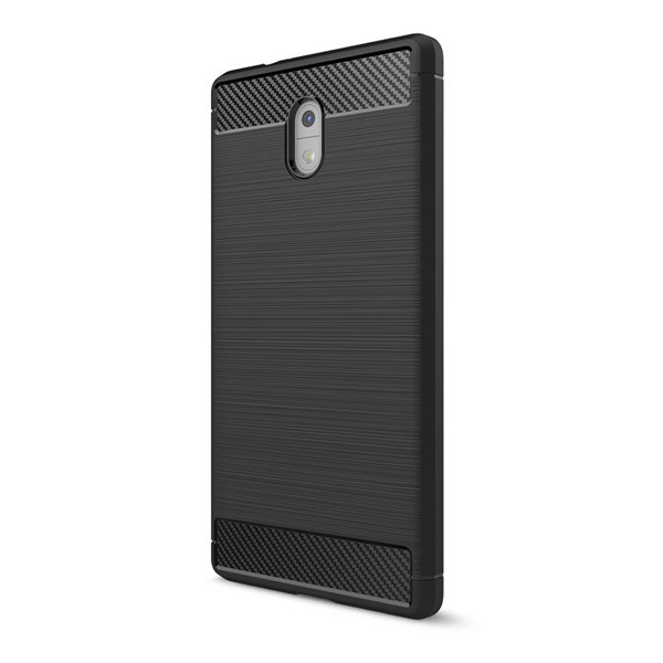 Szilikon telefonvédő (közepesen ütésálló, légpárnás sarok, szálcsiszolt, karbon minta) FEKETE [Nokia 3] (5996457700783)