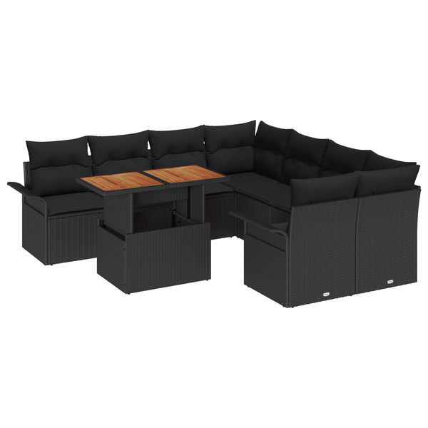 9 Darabos Kerti Sofa Készlet Párnákkal Fekete Poly Rattan Akácia