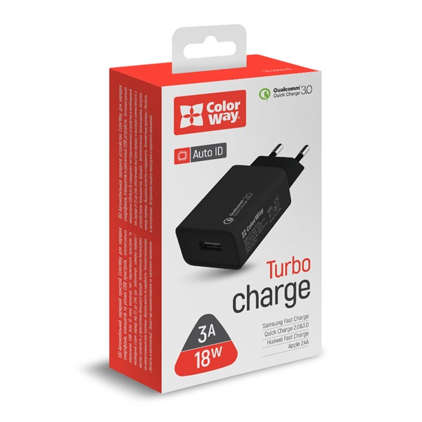 COLORWAY USB töltő adapter, 1USB Quick Charge 3.0 (18W) black (CW-CHS013Q-BK) (CW-CHS013Q-BK)
