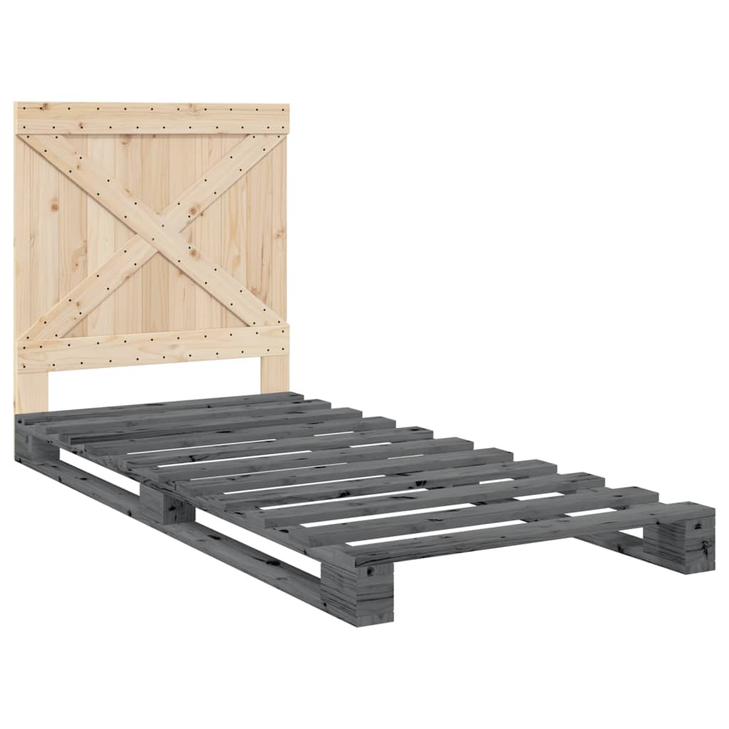 szürke tömör fenyőfa ágykeret fejtámlával 90 x 200 cm (3281580)