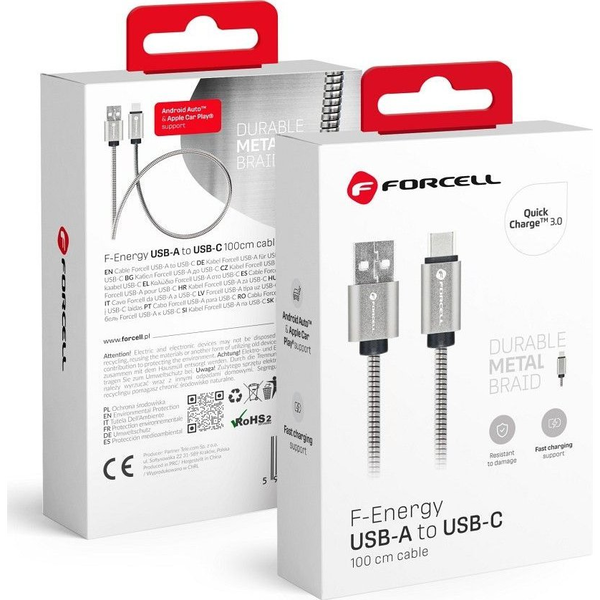 Kabel USB ForCell FORCELL F-ENERGY Metal C234 kabel USB A do Typ C QC3.0 2,4A 12W 1 m srebrny