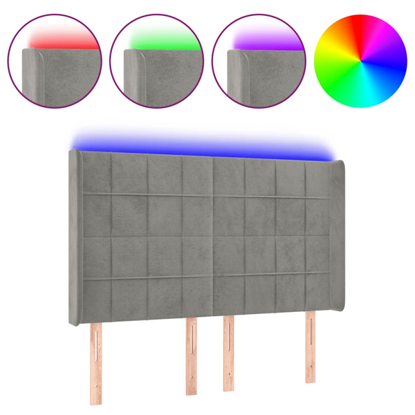 Tăblie de pat cu LED, gri deschis, 147x16x118/128 cm, catifea