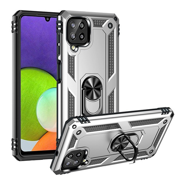 Defender műanyag telefonvédő (közepesen ütésálló, szilikon belső, telefontartó gyűrű, beépített fémlemez) EZÜST [Samsung Galaxy M22 (SM-M225F)] (5996591096124)