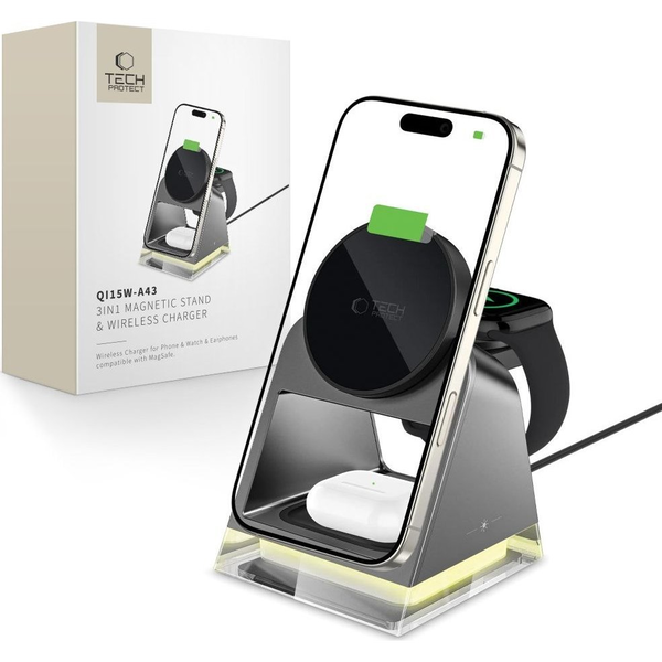 TECH-PROTECT QI15W-A43 3IN1 MAGNETIC MAGSAFE WIRELESS CHARGER BLACK
