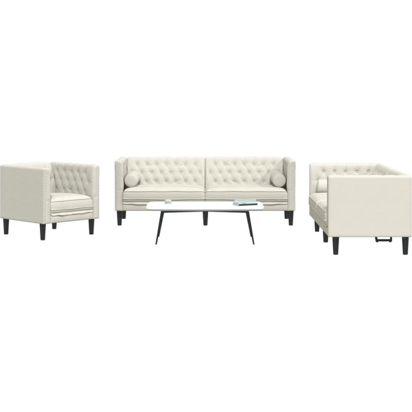 3 részes krémszínű bársony Chesterfield kanapészett párnákkal