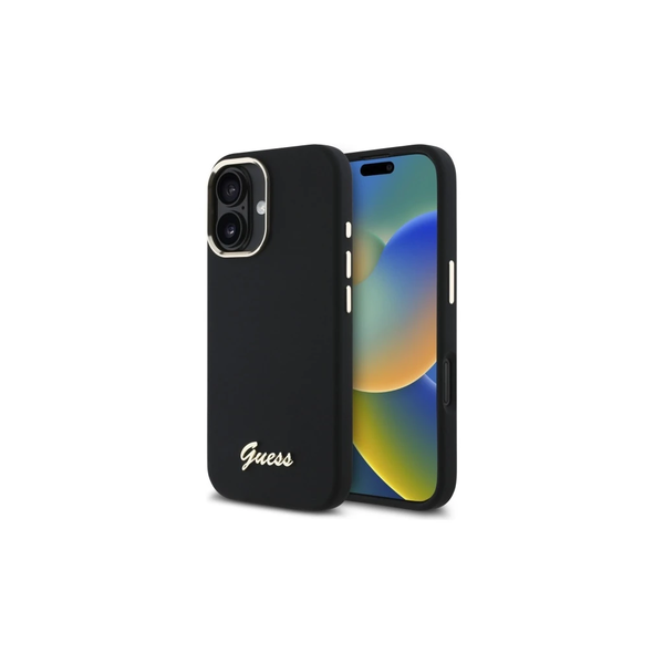 Guess GUHCP16SSMBSLK iPhone 16 6.1 készülékhez kemény tok Silicone Script Metal Logo & Frame fekete