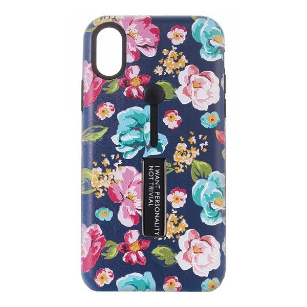 Műanyag telefonvédő (szilikon belső, asztali tartó funkció, ujjra húzható szilikon, virág minta) SÖTÉTKÉK [Apple iPhone XS Max 6.5] (5996457802326)