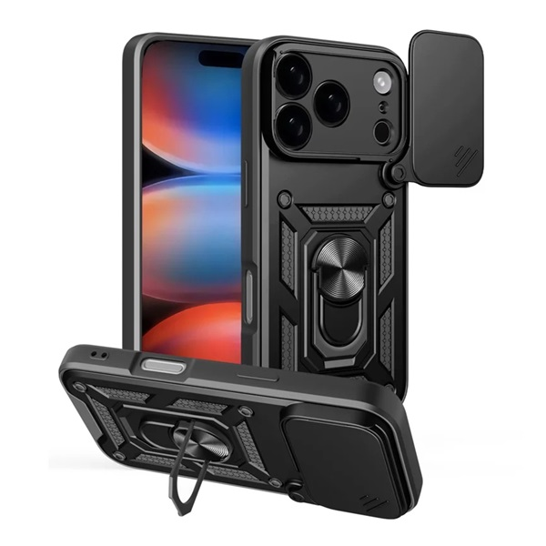 Defender szilikon telefonvédő (ütésállóság, tartógyűrű, kameravédő) FEKETE Apple iPhone 17 Pro Max "Gigapack csomagolás" (GP-173272)