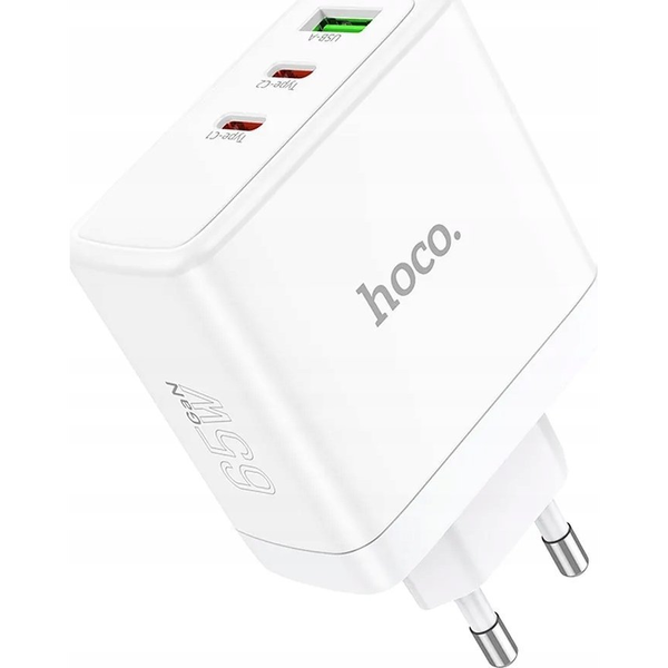 Incarcator rapid Hoco 2x USB-C + USB-A 65W GaN, alb, 97x62x30mm
