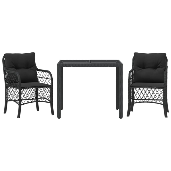 Set bistro cu perne, 3 piese, negru, poliratan
