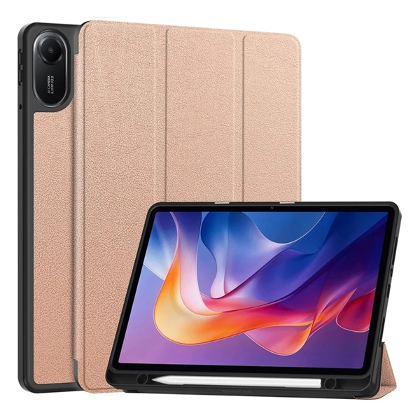 Tok álló, bőr hatású (aktív FLIP, oldalra nyíló, TRIFOLD, asztali tartó, ceruza tartó) ROZÉARANY Xiaomi Redmi Pad 2 "Gigapack csomagolás" (GP-171813)