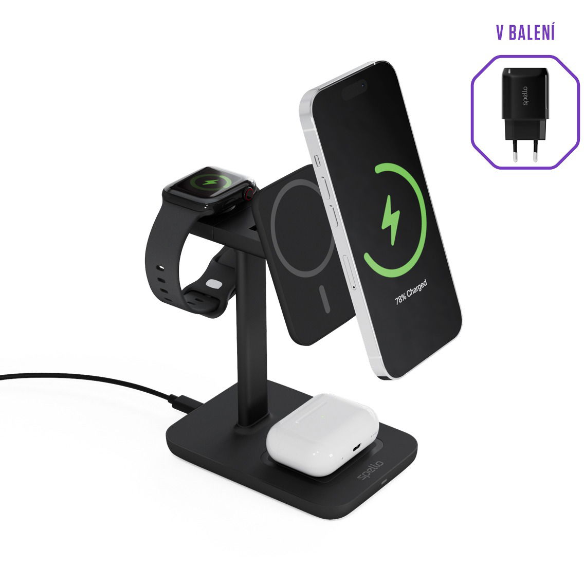 Spello by Epico 3in1 Vezeték nélküli MagSafe töltőállomás, fekete (9915101300235)