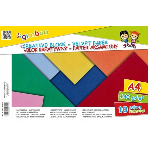 Színes bársonypapír tömb, A4, 140 g, 10 lap,"Gimboo", 10 különböző szín