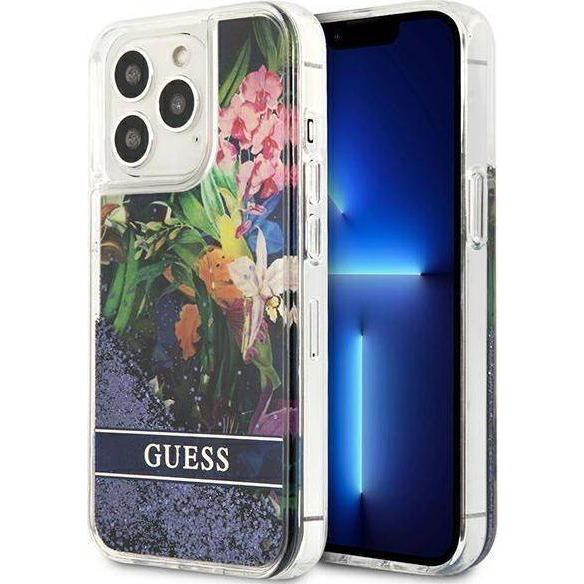 Guess Liquid Glitter Flower Apple iPhone 13 Pro hátlap tok, kék (GUHCP13LLFLSB)