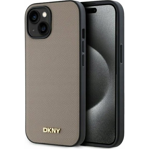 Кейс за iPhone 15, DKNY Grained Metal Logo MagSafe, цвят бежов, материал TPU/PC/еко кожа