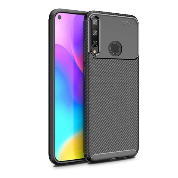 Szilikon telefonvédő (közepesen ütésálló, légpárnás sarok, karbon minta) FEKETE [Huawei P40 Lite E / Y7p] (5996457953813)