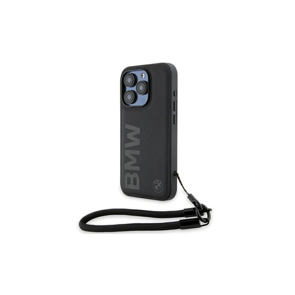 BMW BMHCP15L23RMRLK iPhone 15 Pro 6.1" készülékhez kemény tok Signature Leather Wordmark Cord fekete