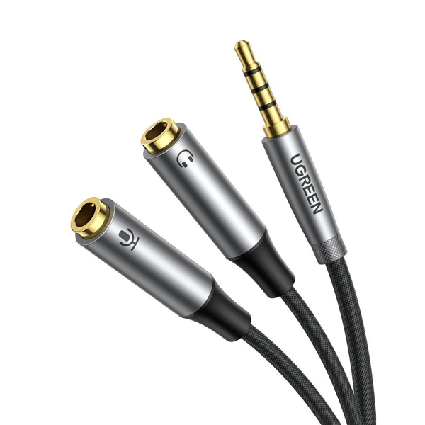 Ugreen AUX разклонител AUX за слушалки и микрофон 1 x 3,5 mm мъжки, 2 x 3,5 mm женски 20 cm черен (AV192 50254)