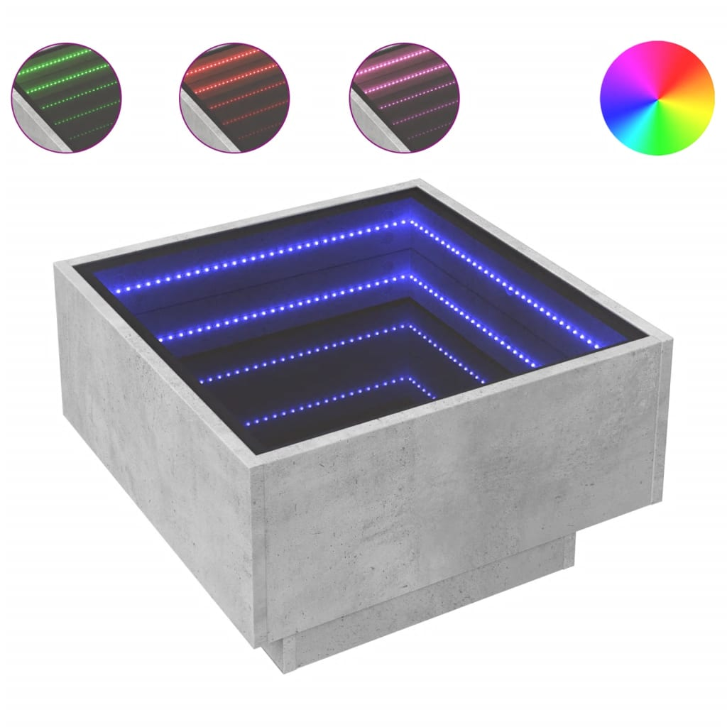betonszürke szerelt fa dohányzóasztal LED-del 50 x 50 x 30 cm (847507)