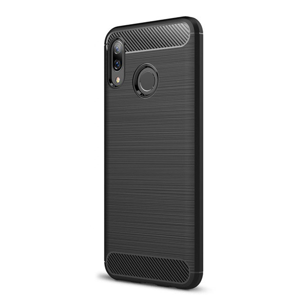 Szilikon telefonvédő (közepesen ütésálló, légpárnás sarok, szálcsiszolt, karbon minta) FEKETE [Huawei Nova 3] (5996457821365)