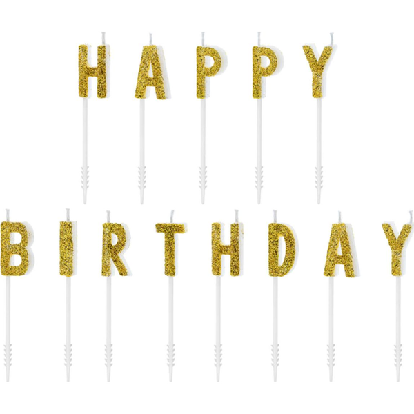 Szülinapi Gyertya "Happy Birthday" Paraffin 2,5cm Arany,fehér 13 db