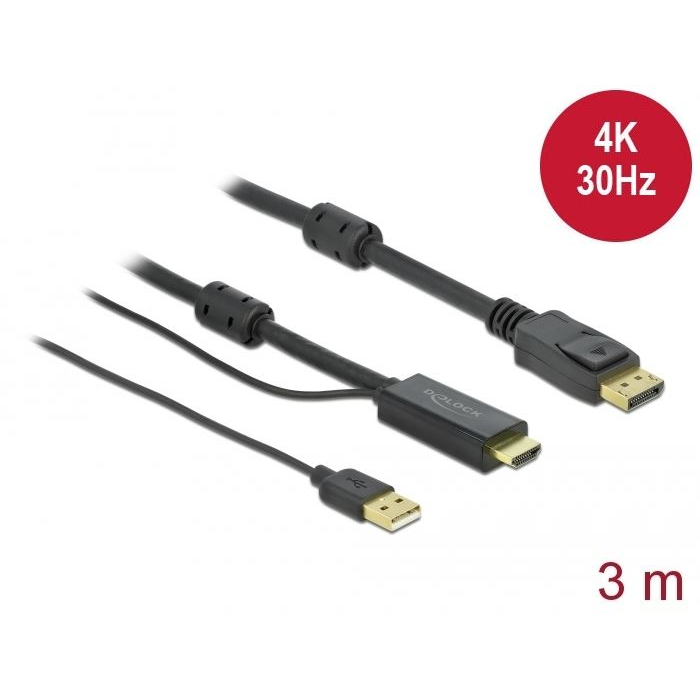 Delock 85965 HDMI-A -> DisplayPort kábel USB-A tápellátással 3m fekete (de85965)
