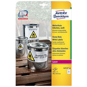 Avery-Zweckform L4715-20 Fólia címkék 67.7 x 99.1 mm Poliészter fólia Fehér 160 db Véglegesen tapadó Színes lézernyomtatás, Lézernyomtató, Színes (L4715-20)